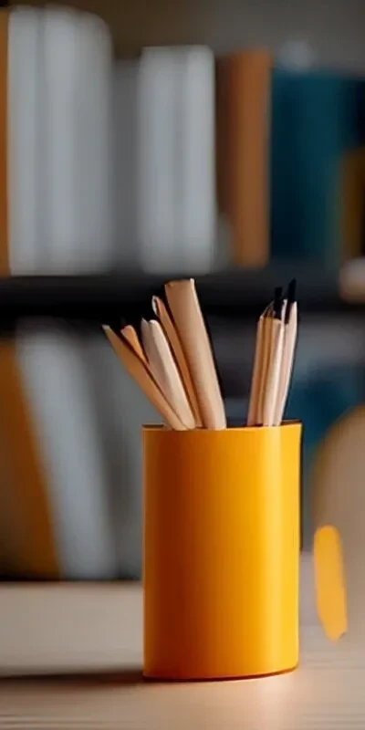 Beeld met bakje met potloden